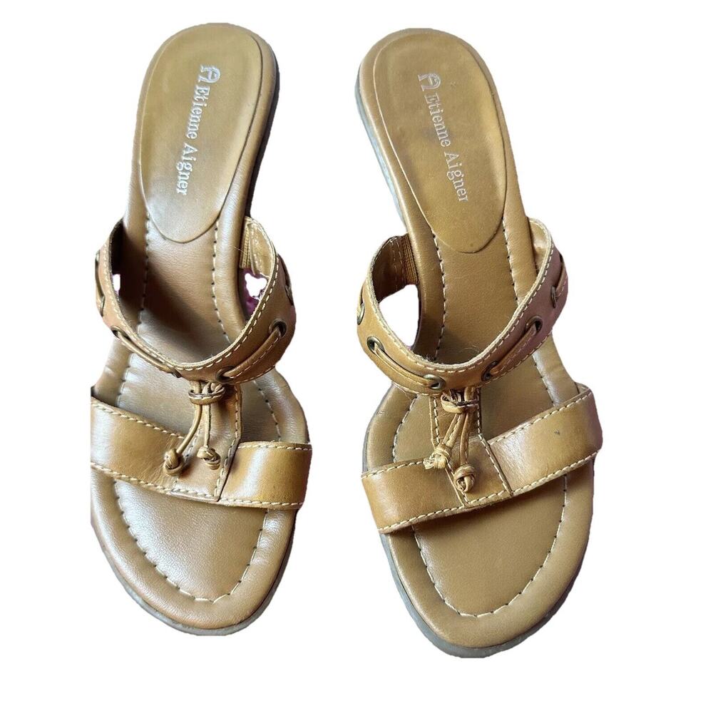 Etienne Aigner Women’s Brown‎ Leather Sandals Gladiator Slip On Mule Shoes 6